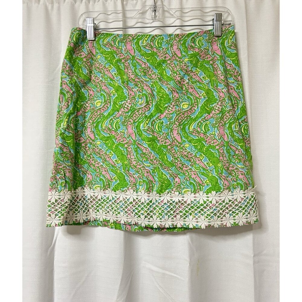 Lilly Pulitzer women's Short chomp chomp green print lace mini skirt 6